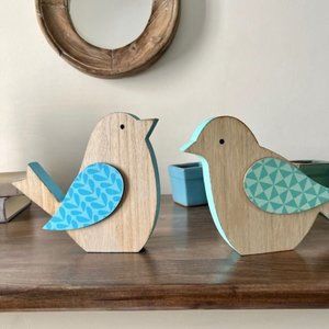 Decorative  Wood Carved Bird Figurines Blue Green Shelf Wall Decor